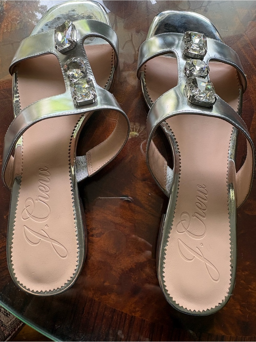 J. Crew Women's Leather Silver Jewel-Strap Slide Sandals - NEVER WORN